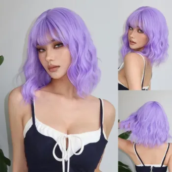 6 Colors White Blonde Synthetic Wavy Bob Wig With Bangs