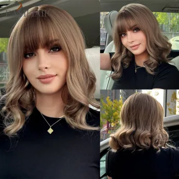 5 Colors Ash Brown Blonde Short Wavy Synthetic Wig With Bangs