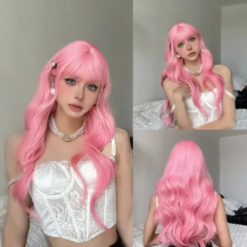 4 Colors Light Pink Synthetic Wig With Bangs For Women