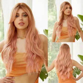 8 Colors Light Pink Wavy Wig With Bangs For Women