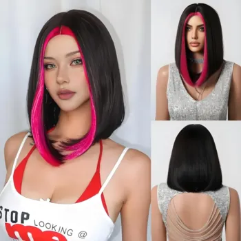 7 Colors Black Brown Synthetic Wig With Red Highlights