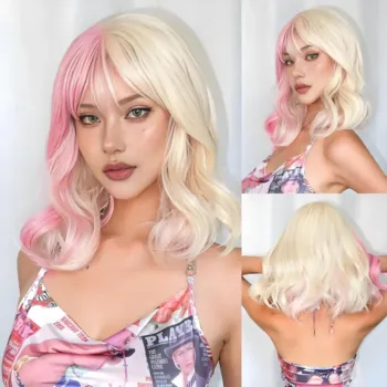 7 Colors Pink Blonde Synthetic Short Wavy Wig With Bangs For Halloween Party