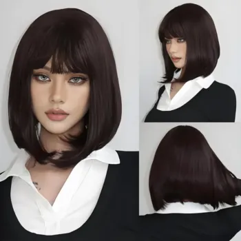 9 Colors Short Straight Synthetic Wigs With Bangs Brown Black Bob Heat Resistant Daily Use
