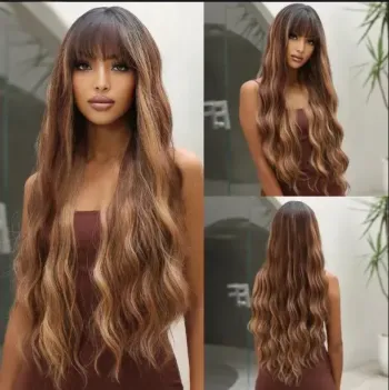 22 Colors Long Brown Black Wavy Synthetic Wig With Bang Daily Cosplay Heat Resistant